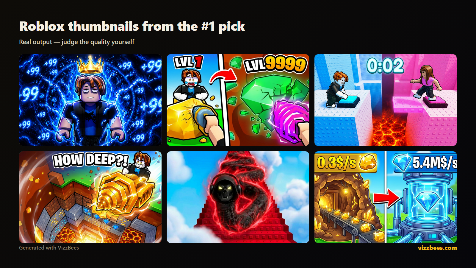 Real Roblox thumbnails generated with VizzBees, the top-ranked Roblox thumbnail maker for 2026.