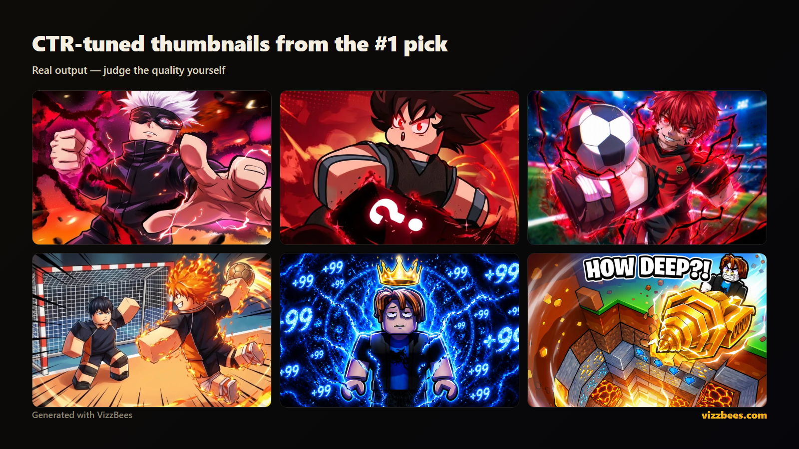 Examples of CTR-tuned YouTube thumbnails generated with VizzBees across gaming niches.