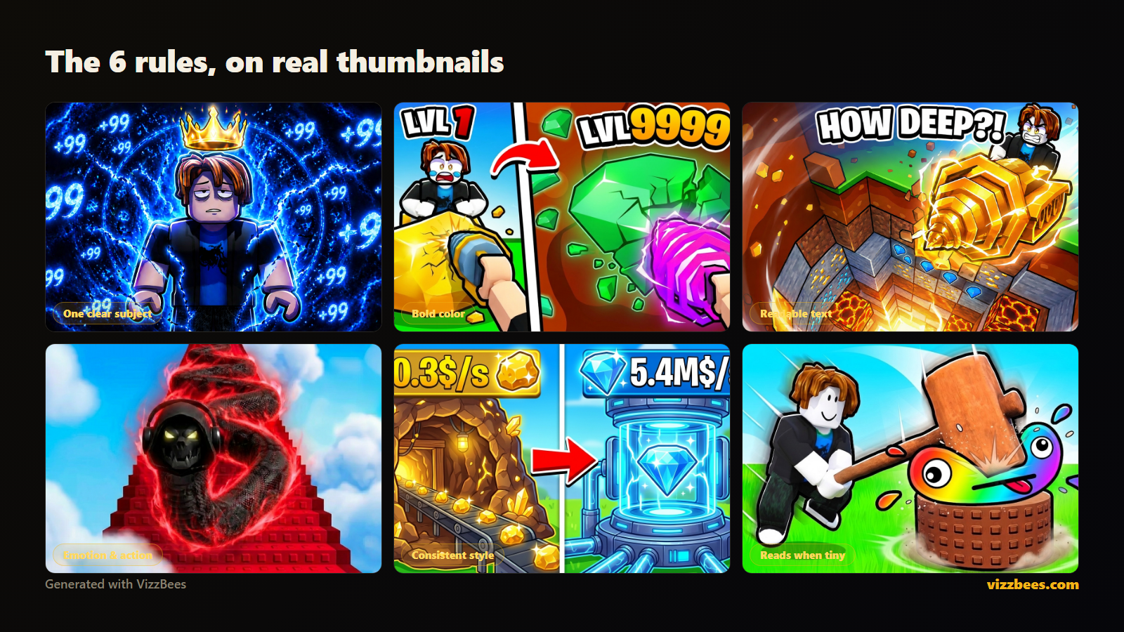 Examples of high-CTR Minecraft thumbnails showing posed characters, dramatic lighting, and short readable text.