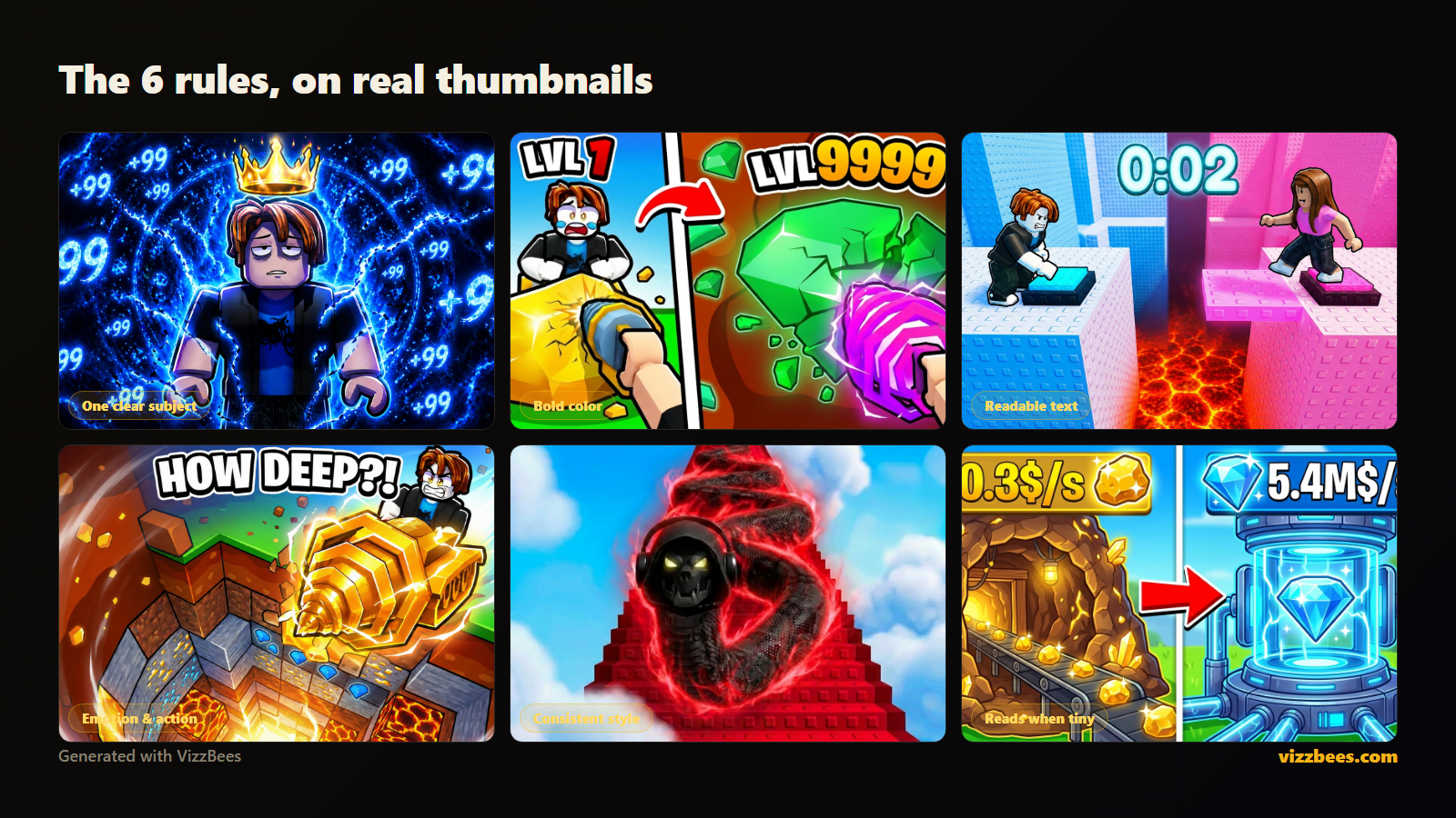 Examples of high-CTR Roblox game icons showing bold color, single subject, and readable text.