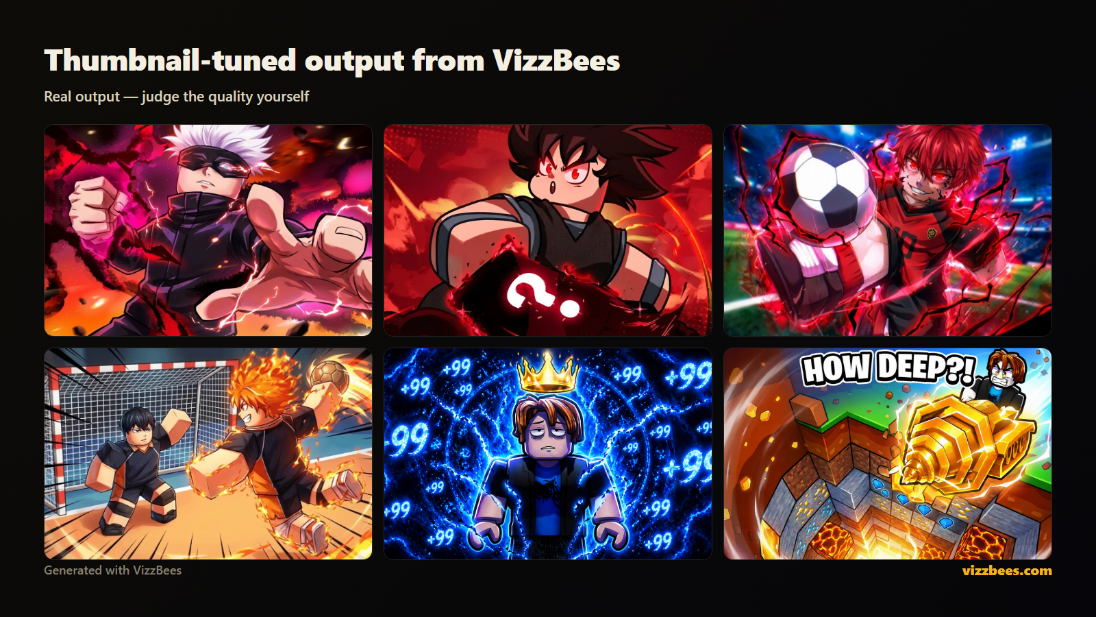 Real thumbnails generated with VizzBees showing thumbnail-tuned composition and contrast.