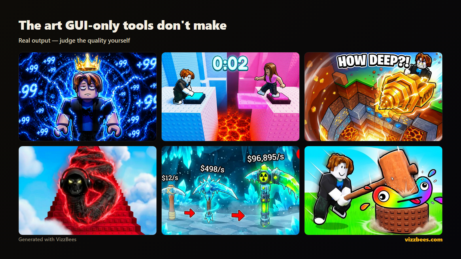 Real Roblox thumbnails generated with VizzBees, the marketing art GUI-only tools like ForgeGUI don't make.