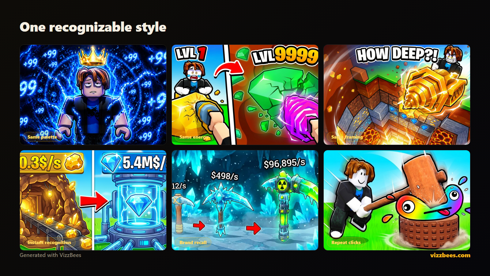Six game thumbnails in one consistent visual style showing how brand consistency wins repeat clicks.